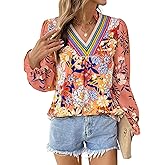 SHEWIN Women's Blouses Casual V Neck Long Sleeve Floral Print Chiffon Crochet Trim Tops Shirts