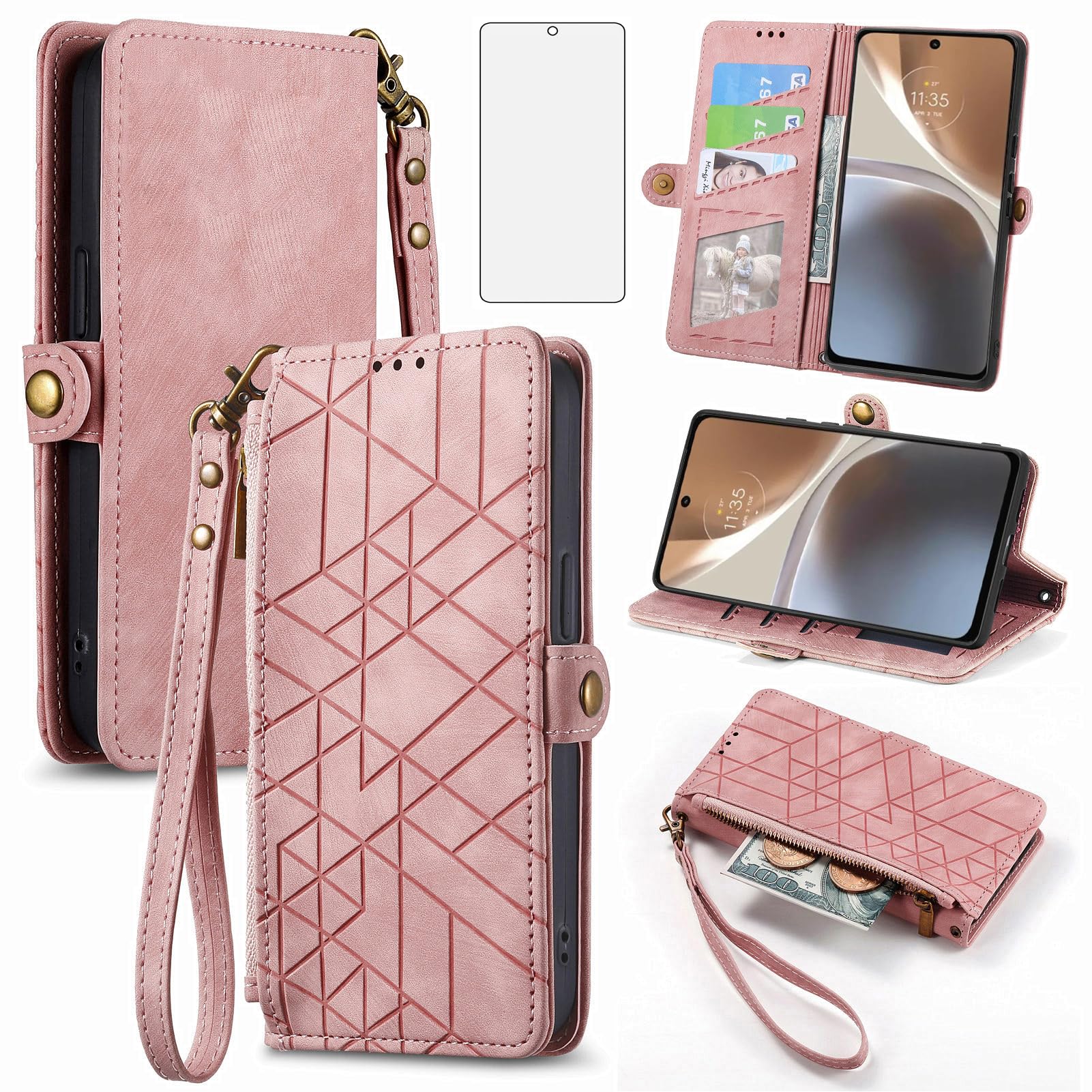 Asuwish Phone Case for Motorola Moto G32 Wallet Cover with Tempered Glass Screen Protector and Wrist Strap Leather Flip Zipper Credit Card Holder Stand Cell Accessories MotoG32 G 32 Women Men Pink