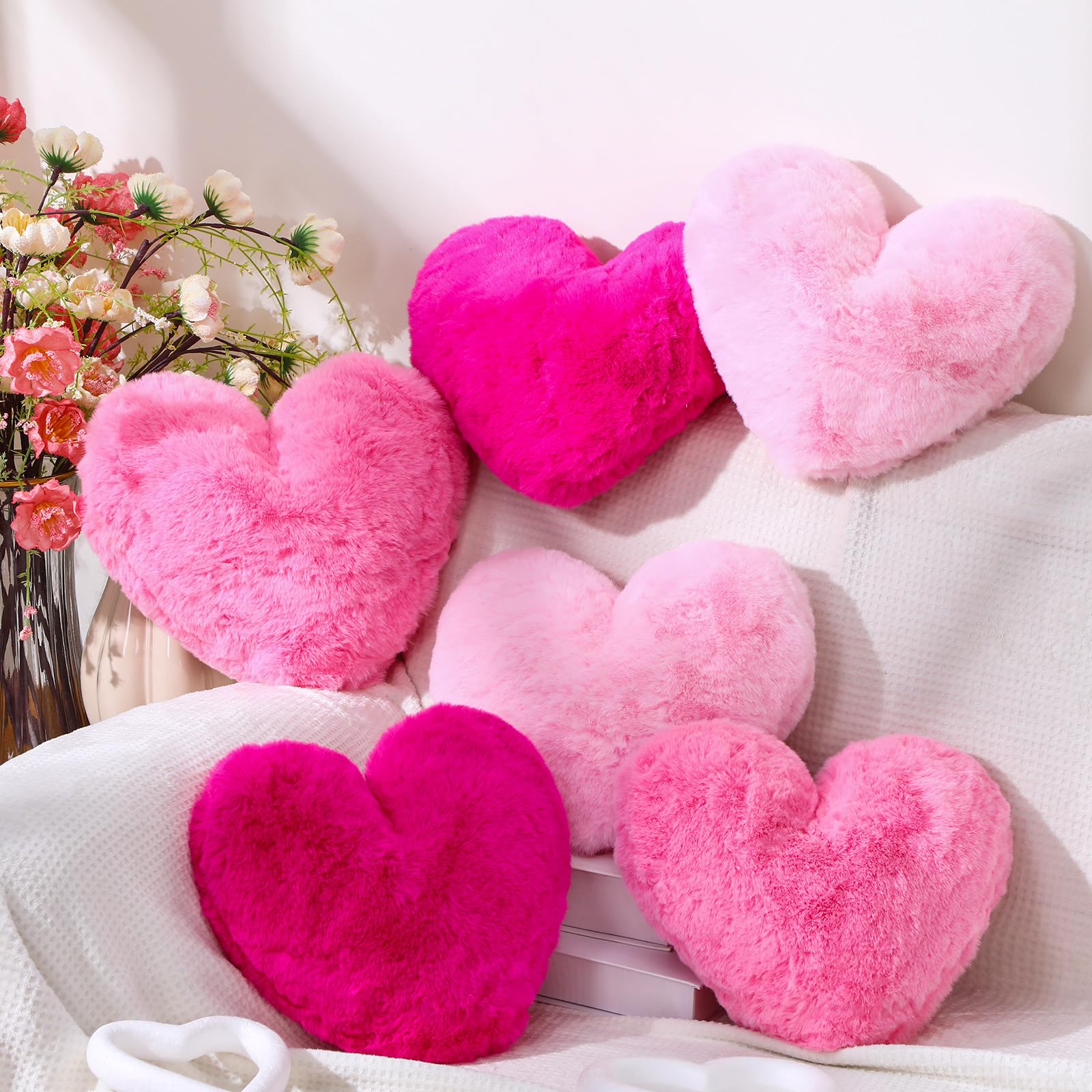 Photo 1 of Liliful 6 Pcs Faux Rabbit Fur Heart Pillows Helloween Fluffy Heart Throw Pillows Christmas Cute Couch Cushion Soft Decorative Throw Cushion for Bed Sofa Girls Women(12 x 11 Inch,Lively Color)
