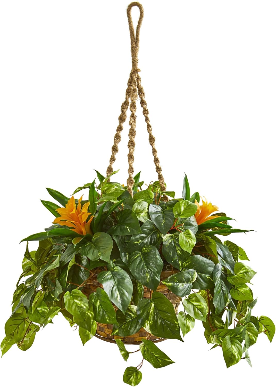 Amazon Com Nearly Natural 31 In Bromeliad Pothos Artificial Hanging Basket Silk Plants Green Furniture Decor