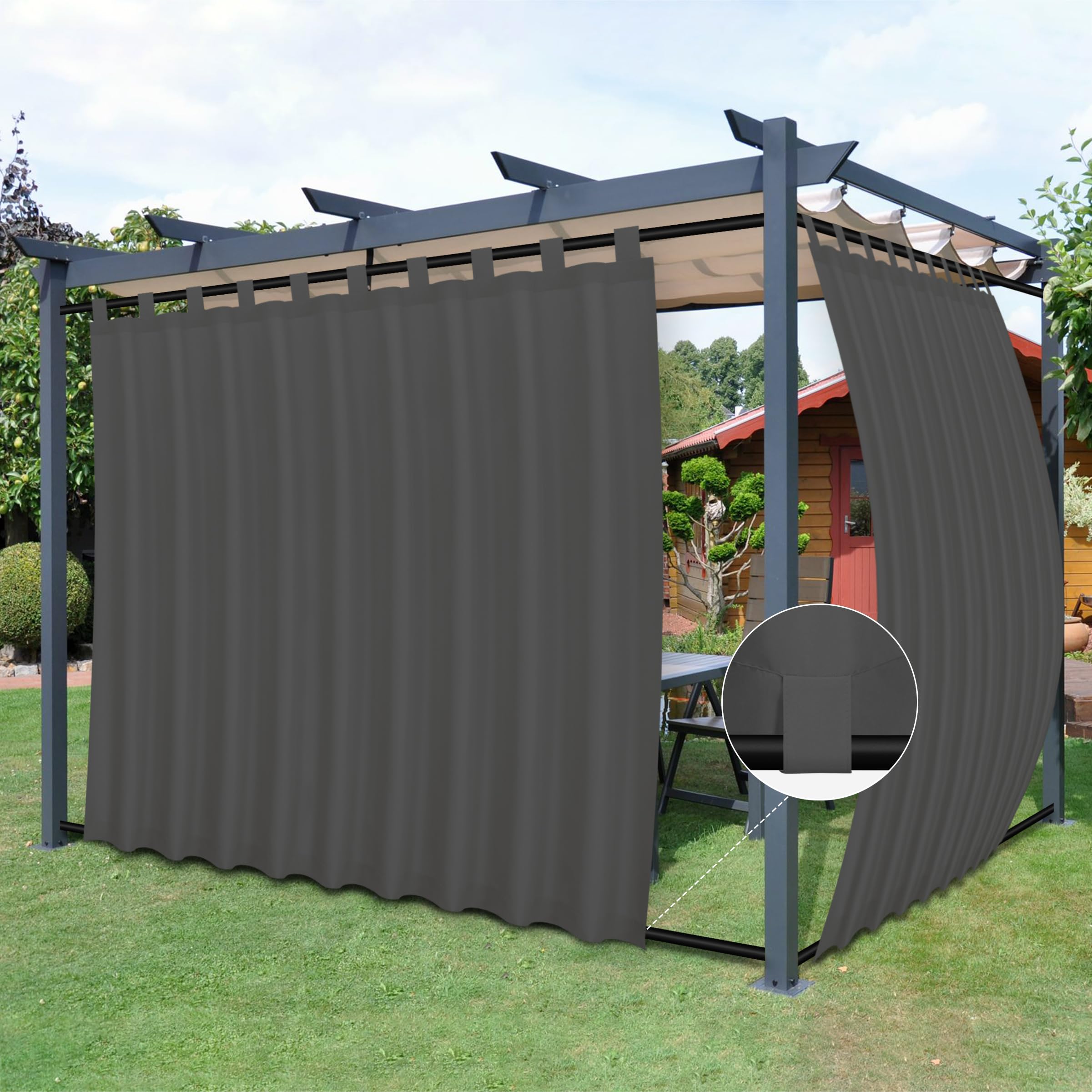 Easy-Going Outdoor Patio Curtains Detachable Tab Top Windproof Weatherproof Curtain for Cabana, Porch, Pergola and Gazebo, Tab Bottom Drape, 2 Panels, 110W x 96L inch, Gray Image