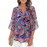 Bebonnie Womens Tops Dressy Casual Ruffle 3/4 Sleeve V Neck Double Layers Chiffon Blouses Tops
