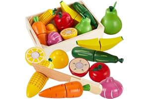 HERSITY Wooden Play Food Set Cutting Fruits and Veggies Toys for Toddlers 1-3, Pretend Play Kitchen Accessories Montessori Educational Toys Gifts for Kids Boys Girls 18 Months+