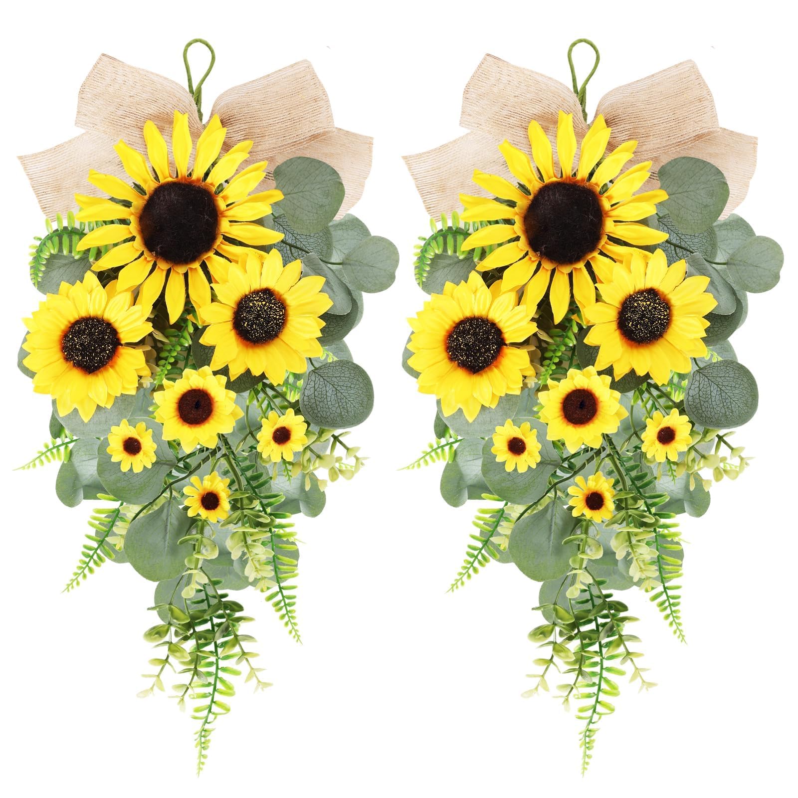 Photo 1 of 24in Artificial Sunflowers Teardrop Swag Spring Summer Sunflowers Floral Swag Wreath with Burlap Bow Fake Yellow Sunflower Garland for Front Door Indoor Outdoor Window Home Decor