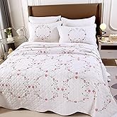 Quilt Set Circular Floral 3D Embroidery Pattern 3 PCS 100% Cotton Reversible Quilted Embroidered Decorative Bedspreads Coverlet Set, Lightweight &Soft King Size White Bedding Coverlet for All Season