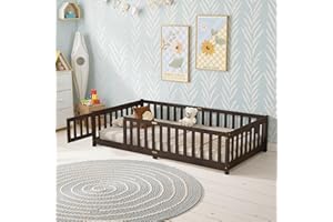 Lyngins Twin Size Floor Bed, Toddler Floor Bed Frame with High Guardrails, Solid Wood Montessori Beds with Support Slats, Fence and Door for Kids, Boys or Girls - Espresso