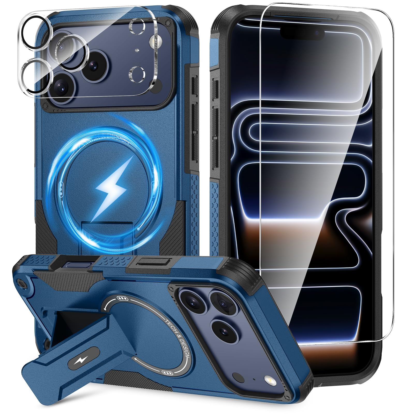 Photo 1 of 3 in 1 for iPhone 17 Pro Max Case [Compatible with MagSafe] [Invisible Kickstand] [HD Screen Protector] [Camera Lens Protector], Protective Magnetic Phone Cover for iPhone 17 Promax (Blue)