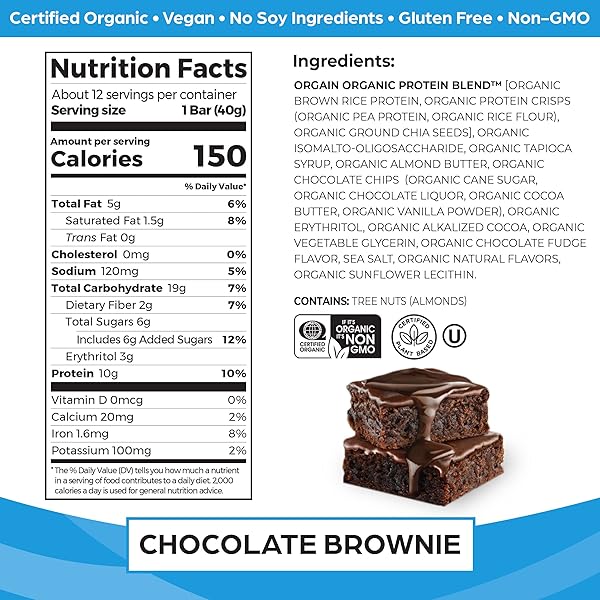 ORGAIN ORGANIC VEGAN PROTEIN BARS, CHOCOLATE BROWNIE – 10G PLANT BASED PROTEIN, LOW CALORIE HEALTHY SNACKS, NO LACTOSE OR SOY INGREDIENTS, GLUTEN FREE, NON-GMO – 1.41 OZ (PACK OF 12)
