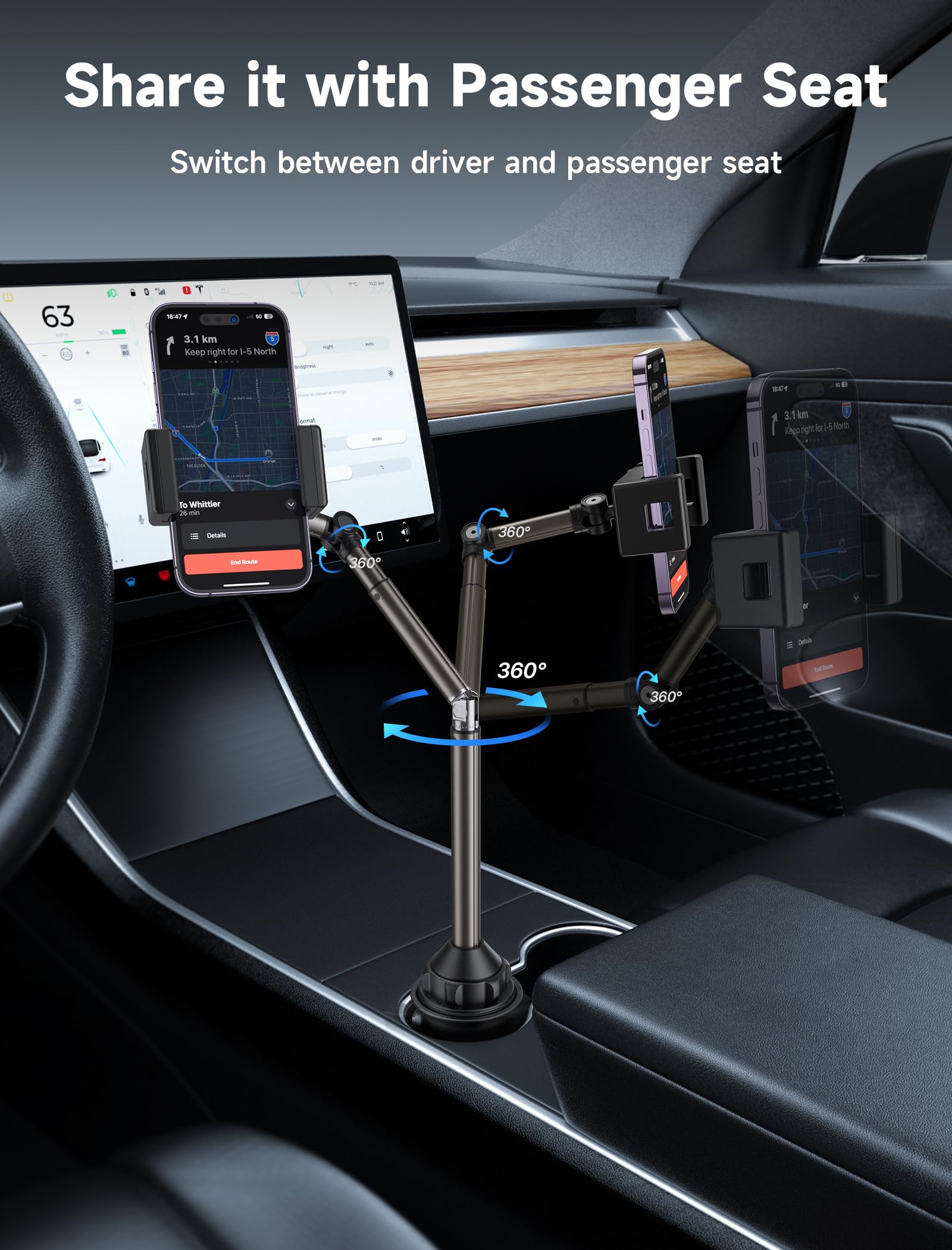JSAUX Car Cup Holder Cellphone Mount, Metal Long-Arm Ultra Stable Phone Holder for Car Cupholders - Adjustable for iPhone 16 15 Pro Max 13 12 11, Samsung Galaxy S24 S23 Ultra, Google Pixel 9 Pro