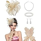 KUTTOR 5 Pcs Fascinators Hat for Women Tea Party Veil Headband Feather Derby Hat Glove Pearl Jewelry Set for Cocktail Wedding