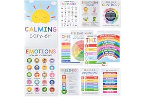 12 PCS Feelings Wheel Chart & Calming Corner Posters 12 PCS, Emotions Poster, Calm Down Corner Supplies, Therapy Office Decor