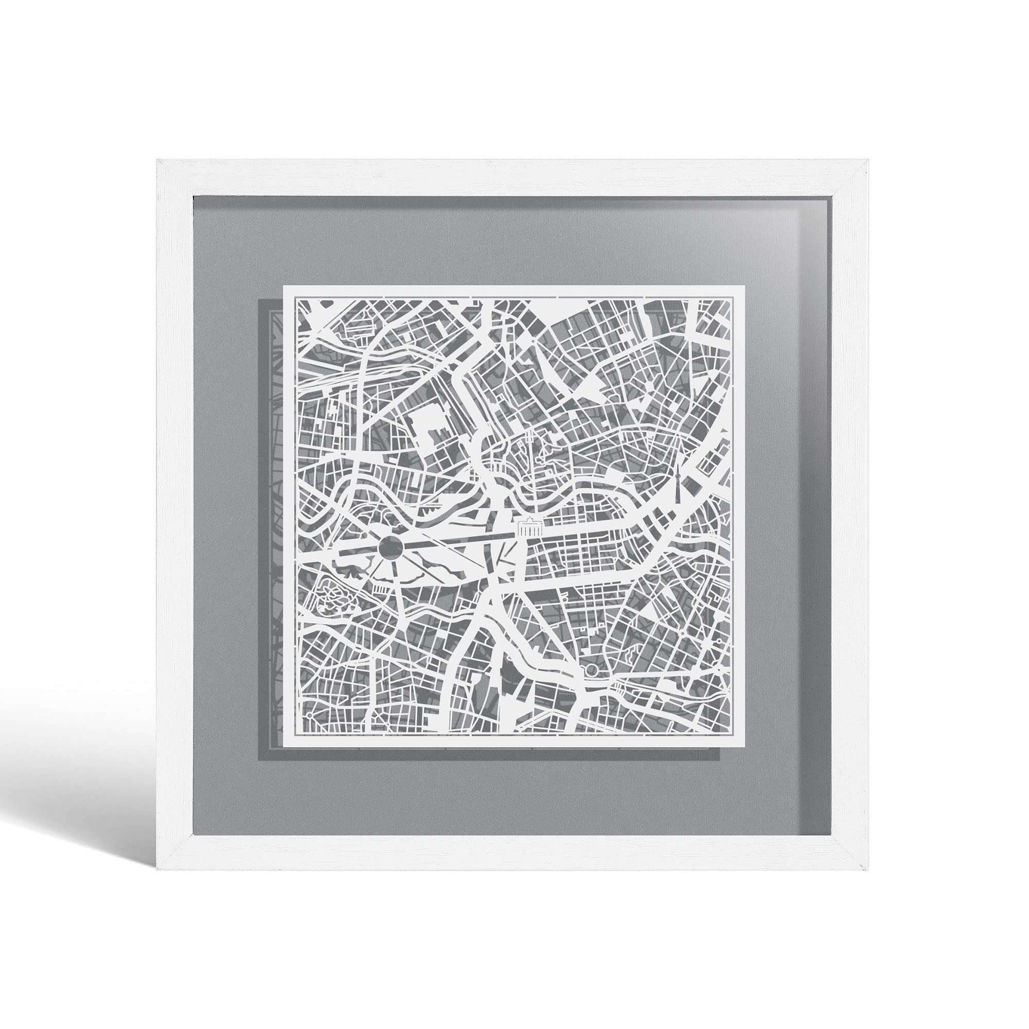 O3 DESIGN STUDIO Berlin Marco de Papel para mapas, White map, White frame, 9x9 inches, Gift Boxed, 4 background color, self-changing, Paper Art