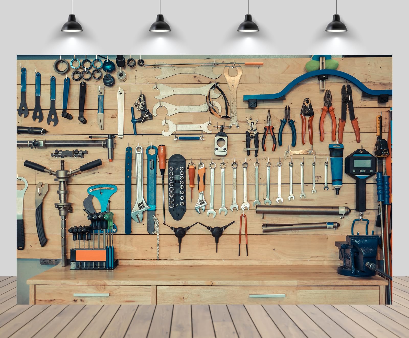 Photo 1 of CHNYWORK 7x5ft Mechanic Tools Backdrop Garage Retro Car Bike Repair Tools Wooden Board Background Themed Kids Boys Workers Mans Fathers Day Birthday Party Decoration Photo Studio Wallpaper
