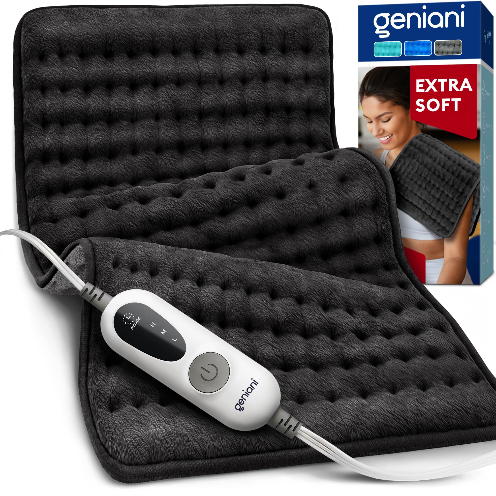 GENIANI Electric Heating Pad for Back Pain & Cramps Relief, Electric Throw, Auto Shut Off, Machine Washable, Moist Heat Pad for Neck & Shoulder, 12x24