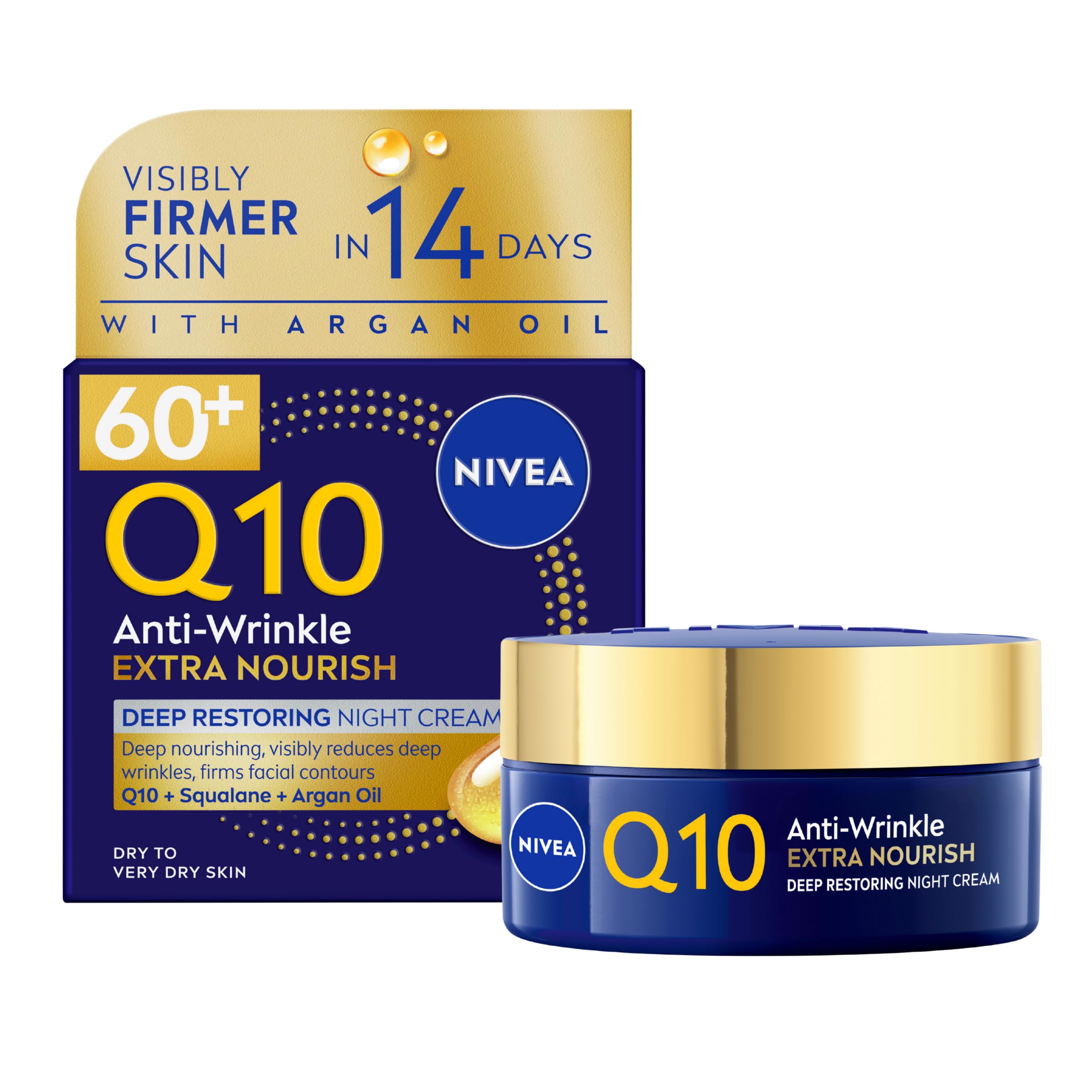NIVEA Q10 Anti-Wrinkle 60+ Extra Nourishing Night Cream (50ml), Nourishing Night Cream Reduces Deeps Wrinkles, Intensely Hydrating and Restoring Overnight Anti-Wrinkle Moisturiser
