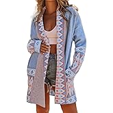 ebossy Women's Fashion Aztec Print Jacquard Knit Open Front Cardigan Lapel Long Sleeve Boho Graphic Long Sweater Coat