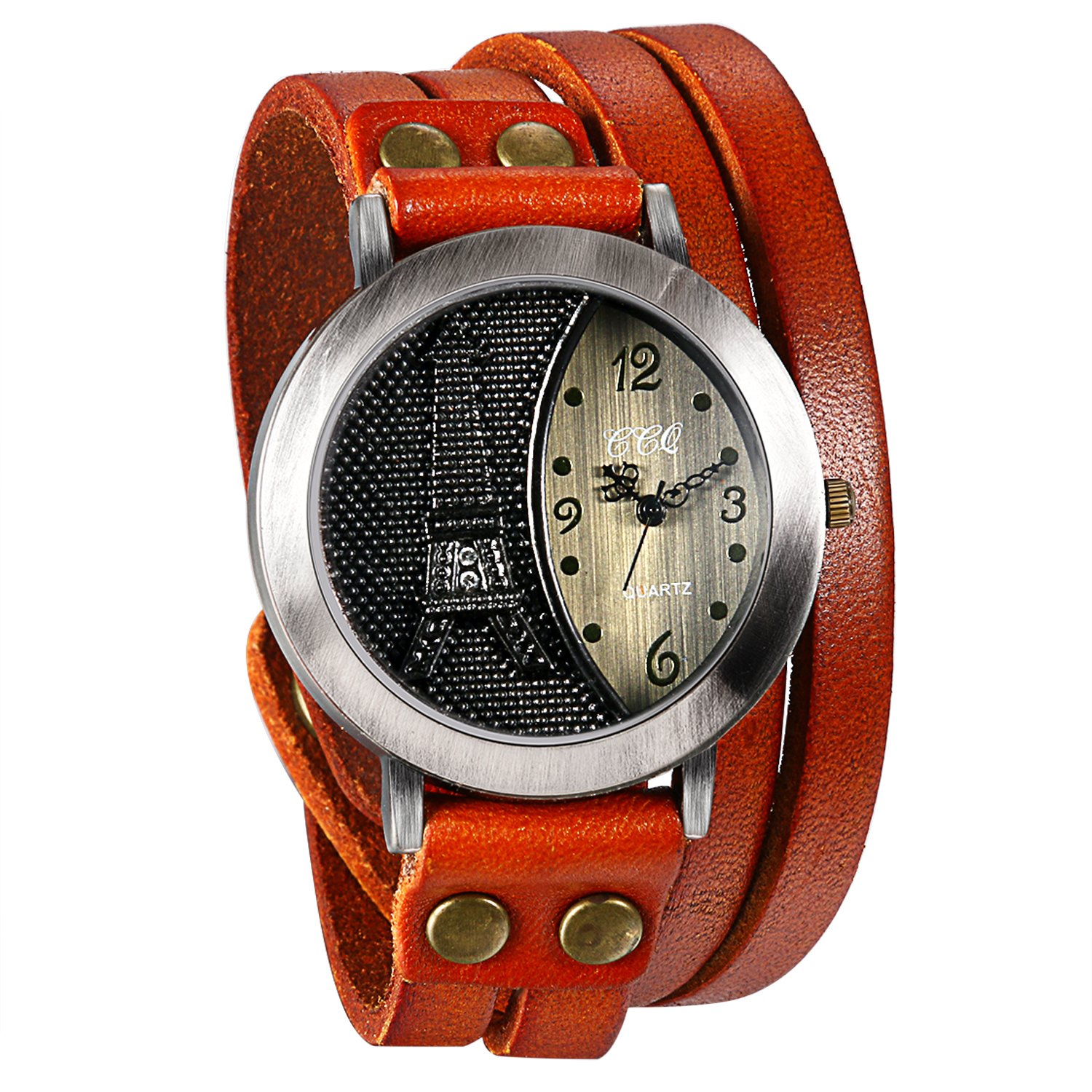 JewelryWe Women Mens Retro Eiffel Tower Pattern Wrist Watch Multilayer Wrap Bracelet Quartz Wristwatch Orange