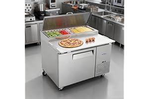 Doracome Commercial Pizza Prep Table with a Built-in Refrigerator, Butcher Block Cutting Board, Protection Lid, Cold Storage, and Smooth-Rolling Casters, ETL Certified (44 INCH（11 Cu.Ft）)