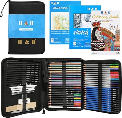 H & B 75Pcs Drawing Set with Watercolor, Metallic Pencils & Sketchbook