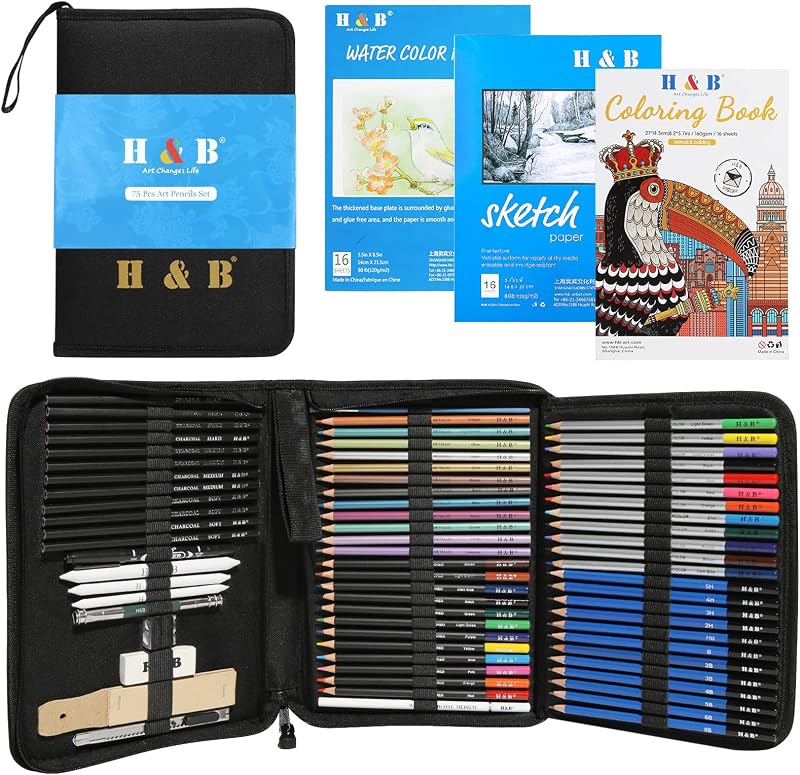 H & B 75Pcs Drawing Set with Watercolor, Metallic Pencils & Sketchbook