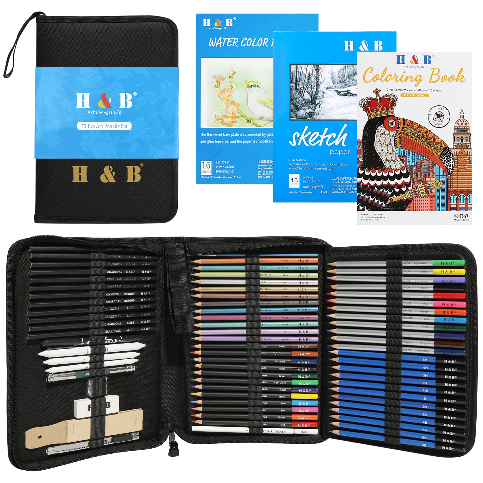 H & B 75Pcs Drawing Set Colouring Pencils Sketch Set,Drawing Pencils with Watercolor Pencil,Metallic Pencil, Sketchbook,Art Supplies for Adults Artists Beginners