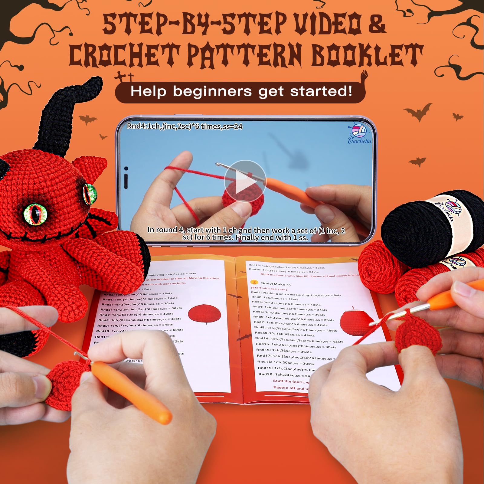 Crochetta Crochet Kit for Beginners, Crochet Starter Kit with Step-by-Step Video Tutorials, Amigurumi Crochet DIY Knitting Supplies for Adults Kids, Red Devil (40%+ Yarn)