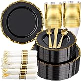 Hioasis 350pcs Black and gold Plastic Plates - Gold Plastic Dinnerware Set Includes 50 Dinner Plates, 50 Dessert Dinnerware, 50 Cups, 50 Rolled Napkin Cutlery Perfect for Wedding & Party