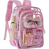 Unineovo Clear Backpack for School,Heavy Duty PVC Transparent Bookbag for Stadium Events, Girls See Through Back Pack Fits 15.6 inch Laptop for Women Work Travel