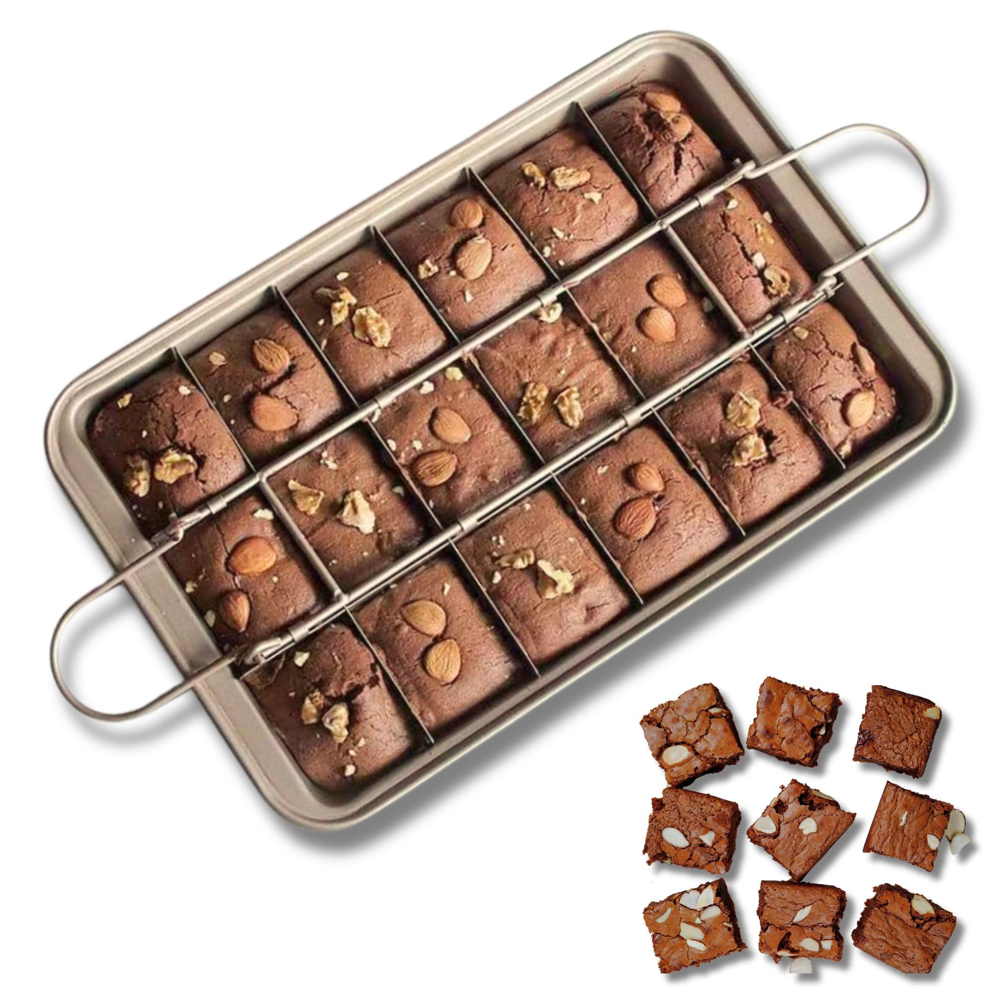 KiNeX Brownie Baking Tin, Non-Stick Cake Tin Brownie with Dividers, Non-Stick Brownie Pan for Professional Slices, Holds 18 Pre-Cut Brownies, Carbon Steel, Gold