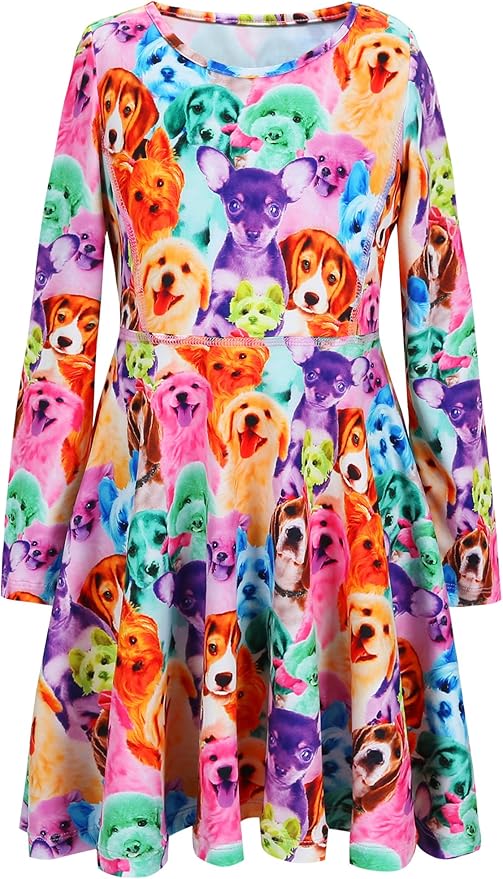 Jxstar Girls Dress Animal Rainbow Dog Print Dress Long Sleeve Tshirt