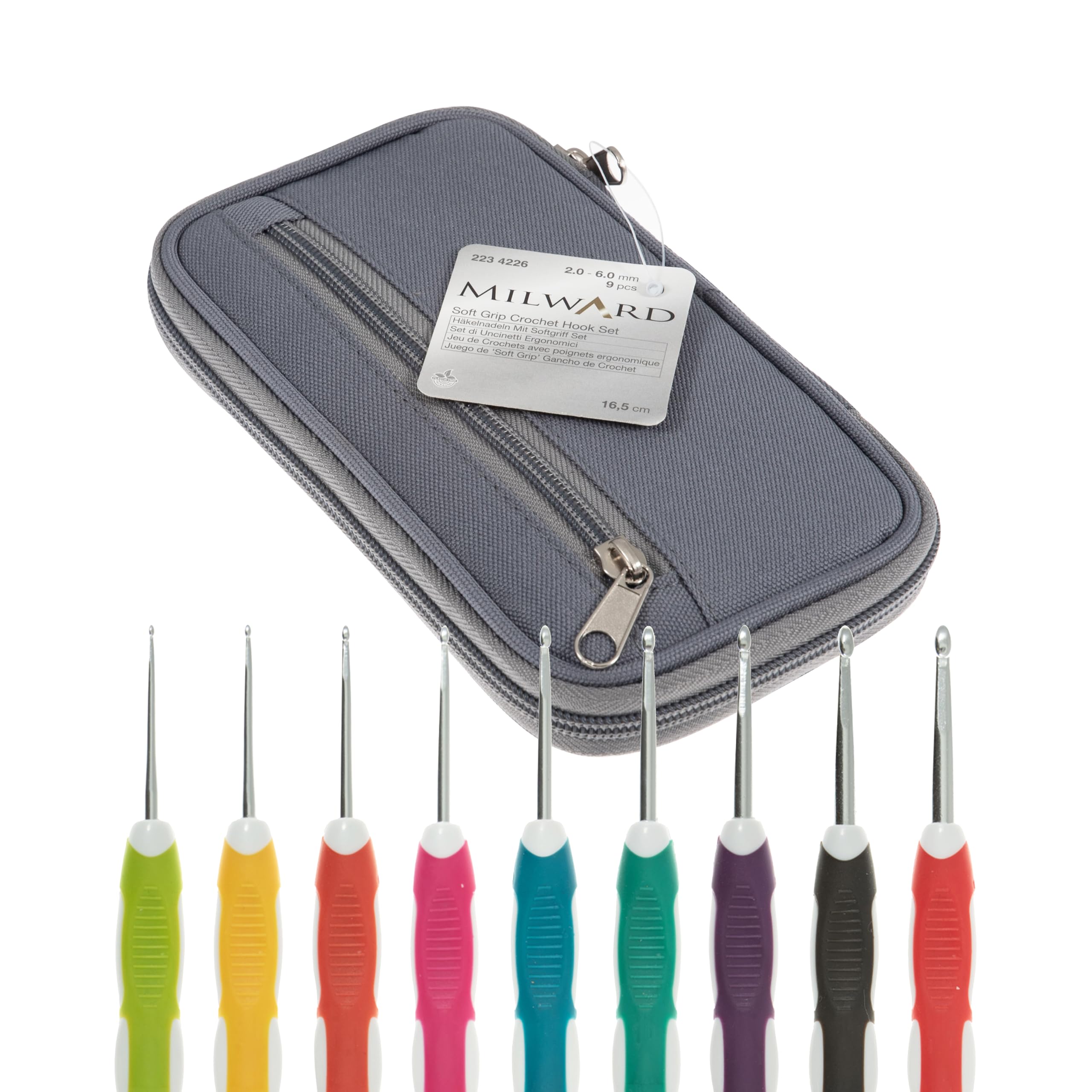 Milward Crochet Hook Set - Soft Grip Colour Coded Handles 2,2.5,3,3.5,4,4.5,5,5.5 and 6mm, 100% Cotton Hard Zippered Case, Grey
