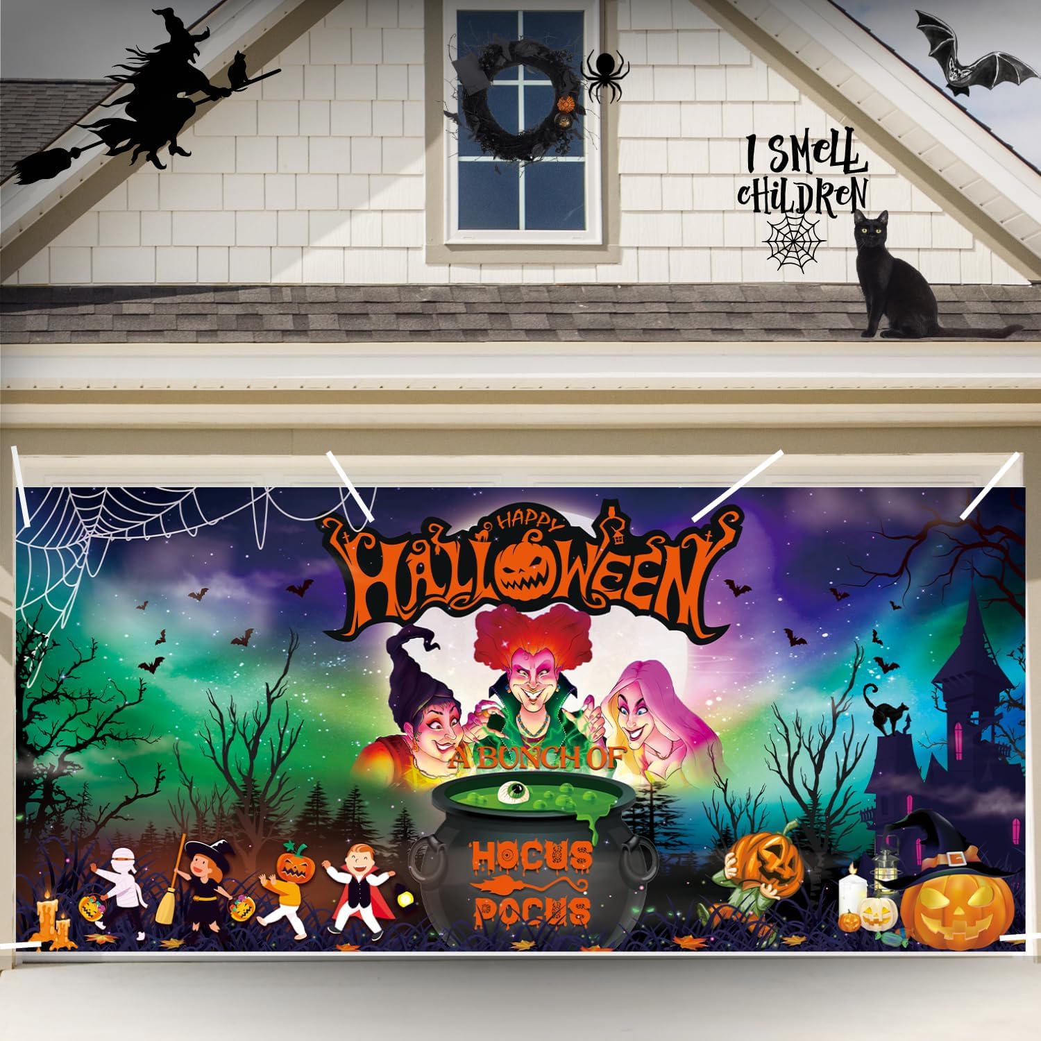 Garage Door Decorations - Halloween Garage Door cover Witch sisters Halloween Garage Door Decorations 13 * 6ft Large Size Hocus Pocus Party Backdrop for Scary Halloween Outdoor Decorations Holiday Backdrops