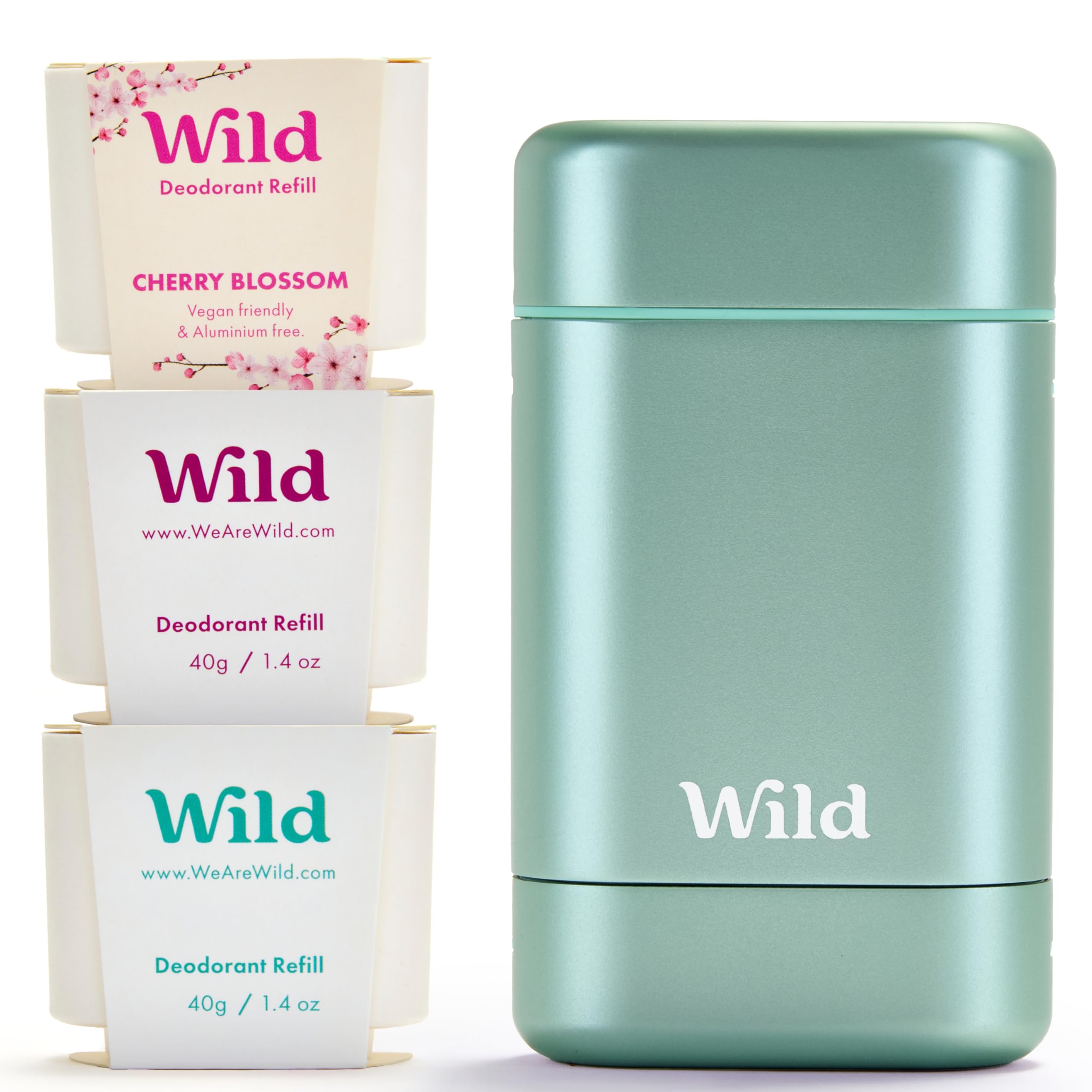 Photo 1 of Wild - Aqua Case with Refill Variety Pack - Refillable Deodorant - Aluminum Free - Includes Fresh Cotton & Sea Salt, Cherry Blossom and Coconut & Vanilla Scents - Vegan