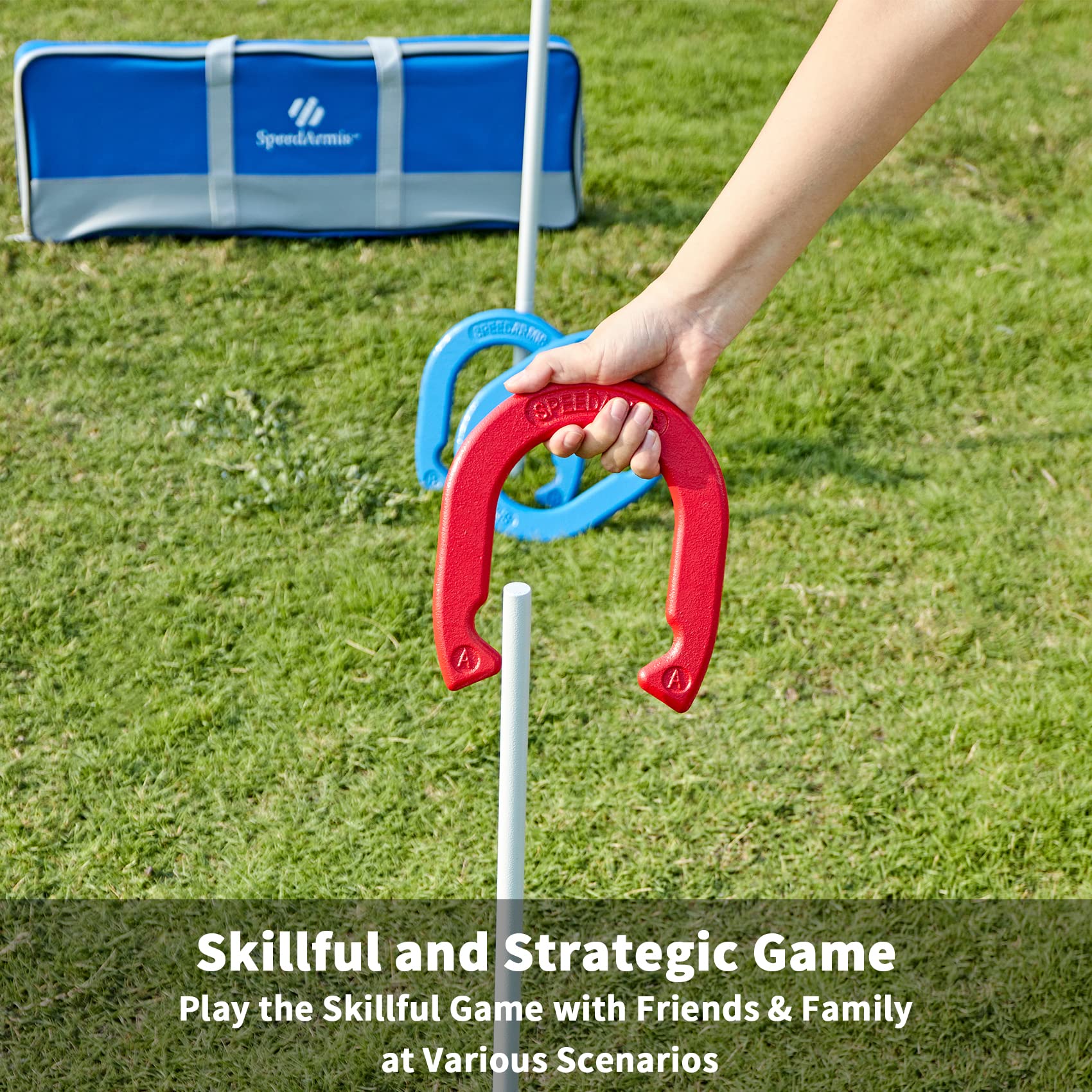 SpeedArmis Horseshoes Outside Game Set - Universal Size Lawn Horseshoes Outdoor Games for Parties Beach Backyard, Includes 4 Horseshoes, 2 Steel Stakes and Durable Carrying Bag
