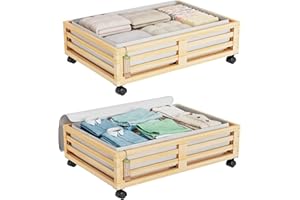 WISUCE Bamboo Under Bed Storage Containers- Underbed Organizer with Wheels with Large Dust Bag,Sturdy Wood Rolling Under the Bed Shoe Storage Organizer Drawer 2 Packs (Nature, Small)