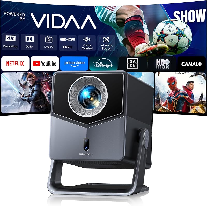 Projetor 4K【Netflix/TV ao vivo/áudio Dolby incorporado】VIDAA, OS Mais Rápido, 1400 ANSI, FHD 1080P, Foco Automático & Keystone, Controlo por Voz, BT 5.4, Homekit, Rotação de 200°, Projetor Exterior