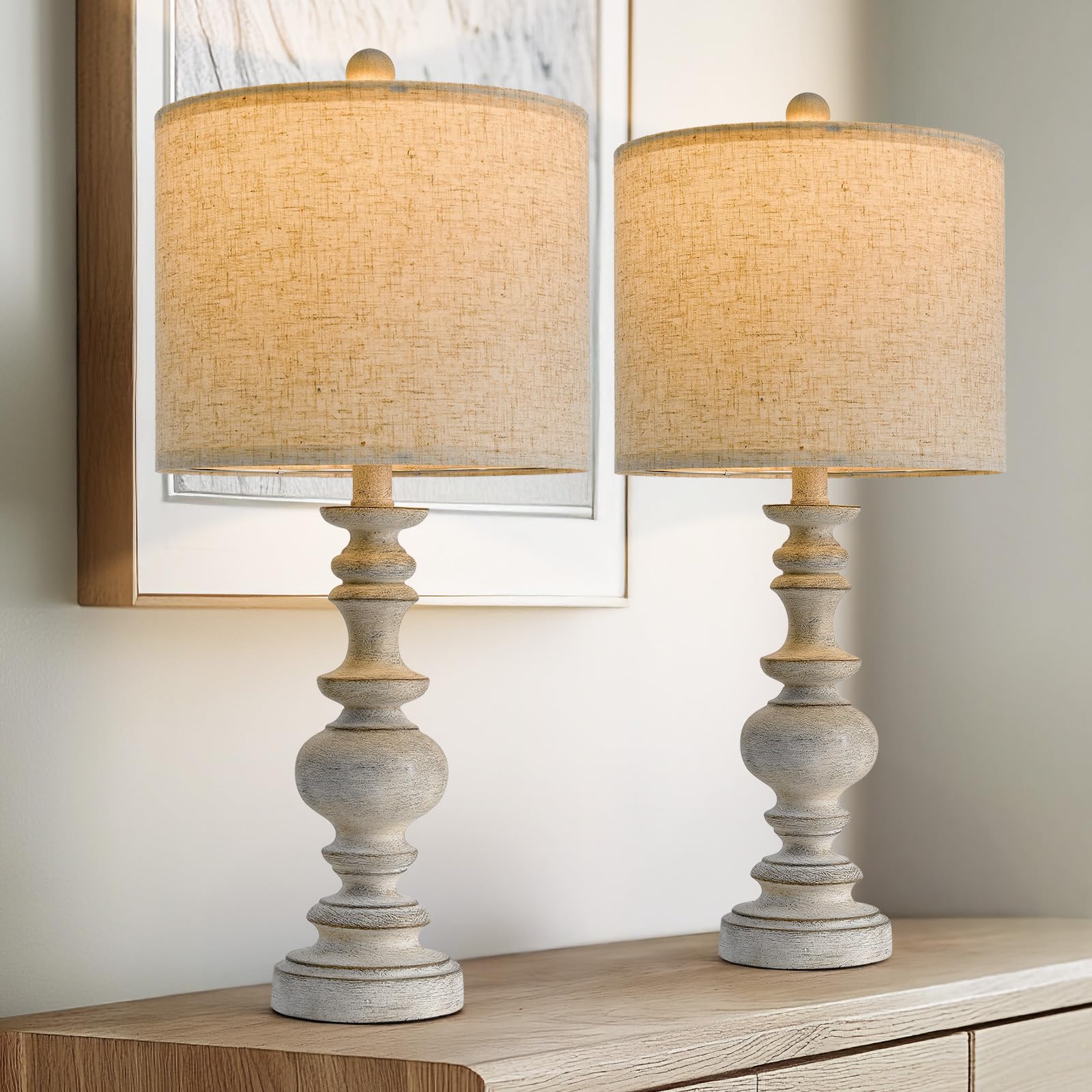 Photo 1 of BOBOMOMO 24" Farmhouse Retro Table Lamp Set of 2, Traditional Resin Lamps for Living Room Bedroom, Vintage Bedroom Lamps with Linen Shades, Rustic Table Lamps for Living Room, Nursery, Office