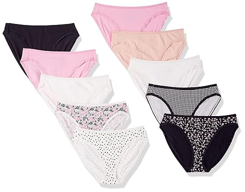 Amazon Essentials Women's Cotton High Leg Brief Underwear (Available in Plus Size), Breathable, Pack of 10, Checked/Dots/Floral/Multicolor, X-Large