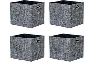 ArcaGuru 13x15x13 Storage Cube Bins, Linen Foldable Fabric Storage Cubes, Storage Cubes Baskets Box with Handles for Shelves, Closet, Wardrobe, Bookcase, Bedroom, 4 Pack, Black