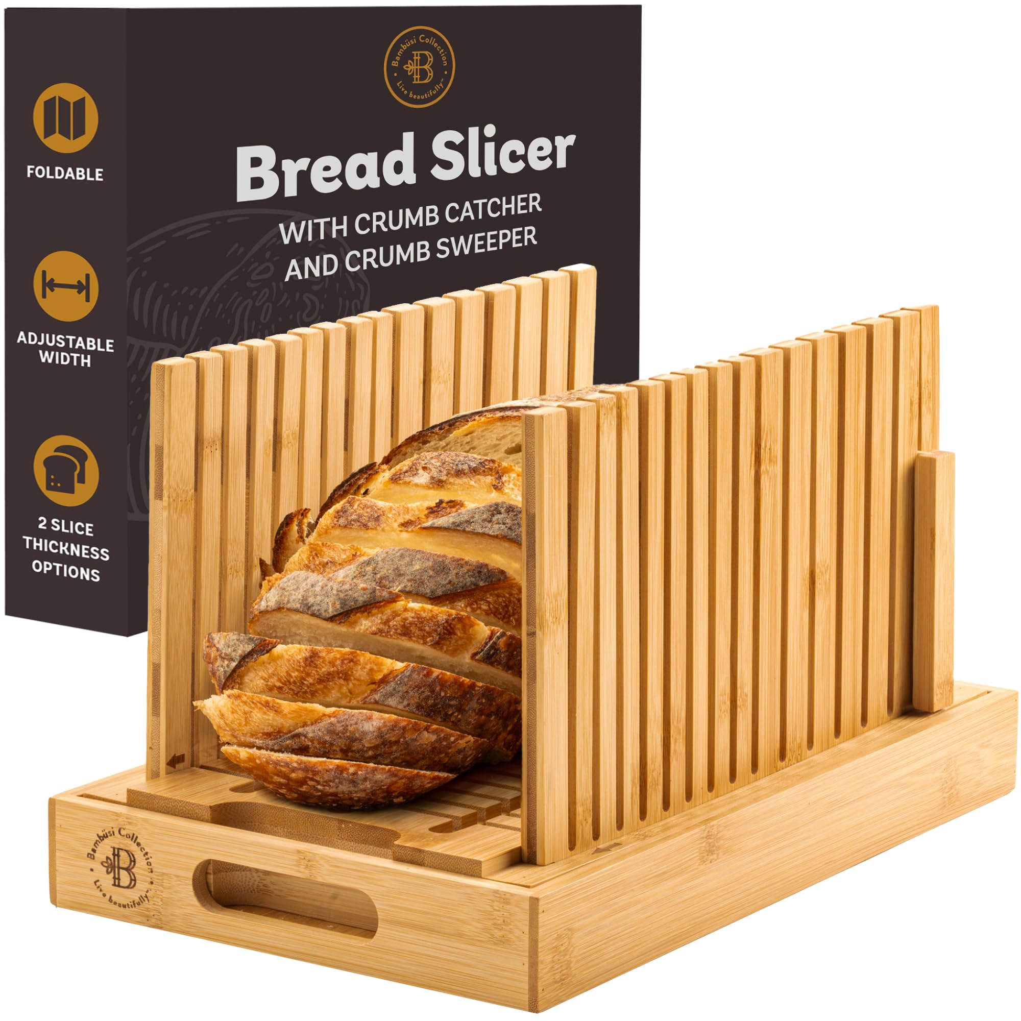 Photo 1 of Bread Slicer for Homemade Bread - BAMBUSI New Upgrade Bamboo Bread Cutter with Adjustable Width, Foldable Compact Slicing Guide and Crumb Tray - Bread Cutter for Loaf, Cake, Bagels - Gift for Bakers