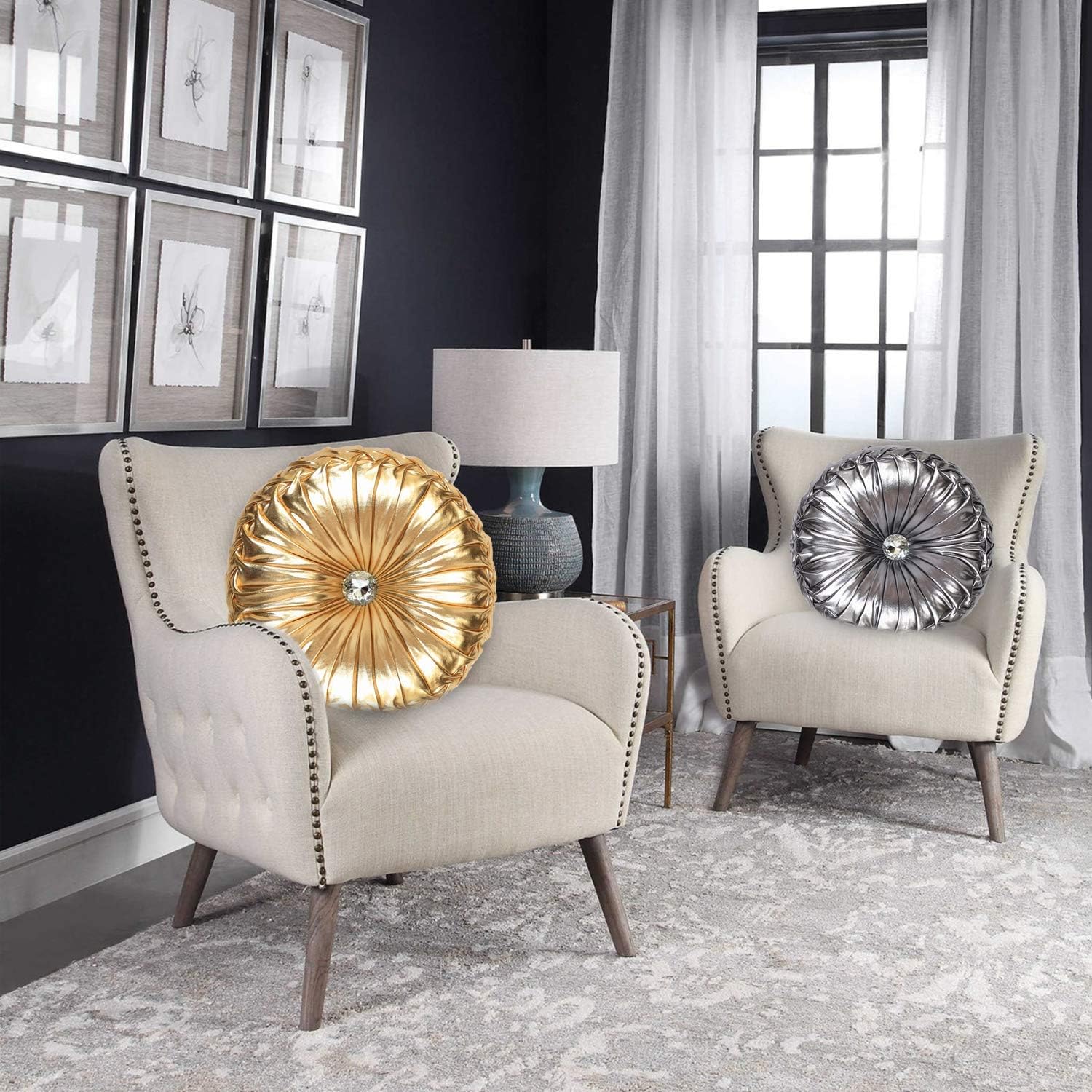 TressHouse European Round Throw Pillow, Soft Spandex Fabric Pumpkin Pleated Handmade Metallic Accent Circle Insert Cushion, Diamond to Enhance for Sofa Bedroom livingroom Couch Cover Chair-Gold: Kitchen & Dining