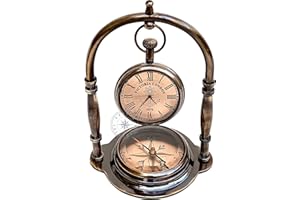 Hanzla Collection Maritime Compass Base Nautical Table Clock Ship's Clock Antique Brass Hanging Desk Clock Victoria London Pocket Watch Vintage Decorative Clock for Your Love one & Wedding Gift