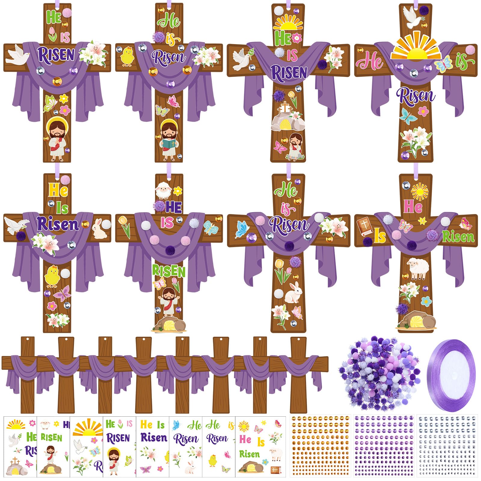 Funrous 48 Sets Easter Religious Crafts Bulk He is Risen Cross Paper Crafts DIY Easter Jesus Christian Hanging Ornaments Arts with Stickers Pompoms for Sunday School Vbs Classroom Spring Activities