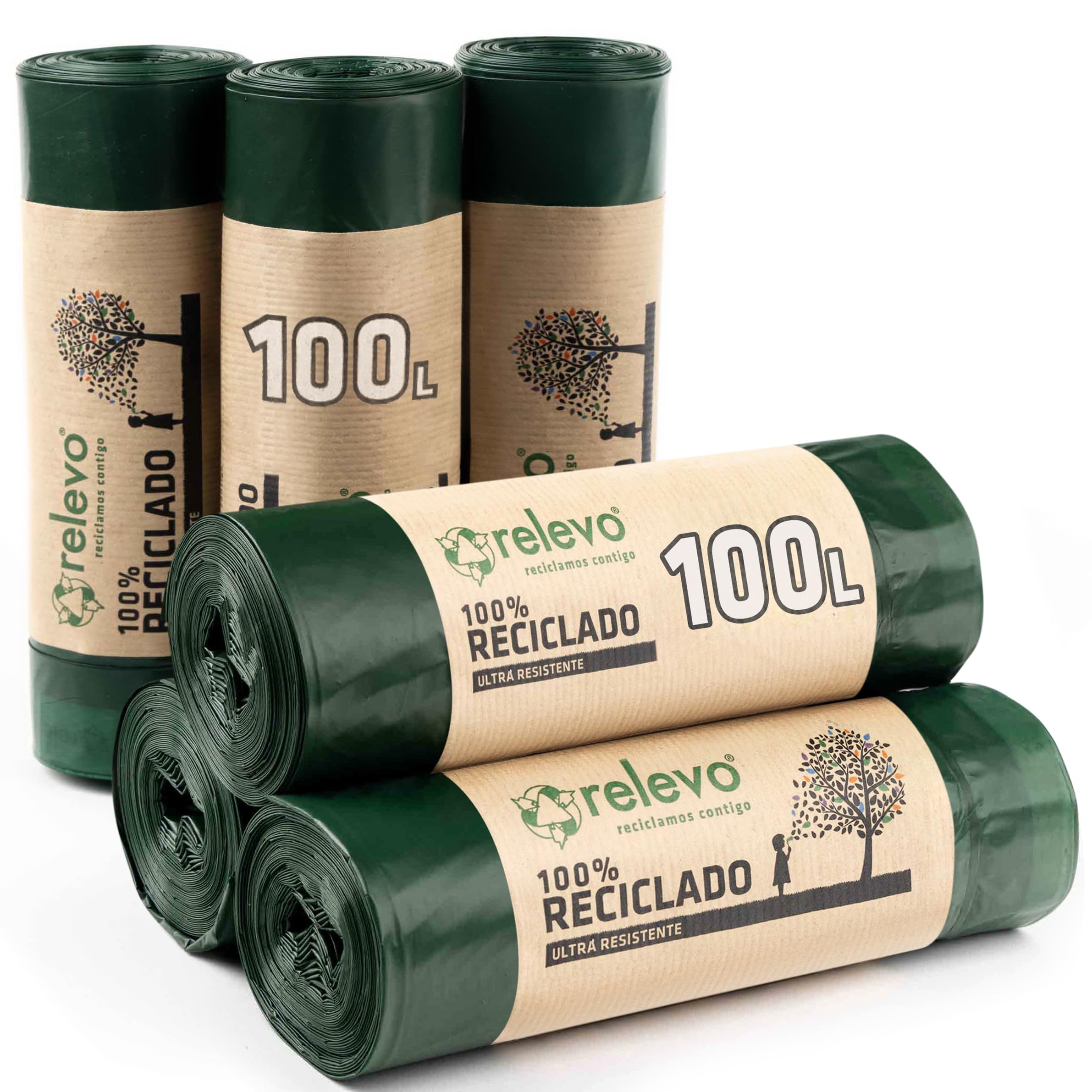 Relevo 100L Bin Bags – Made from 100% Recycled Material. Extra Large Bin Bags. Dimensions: 85 cm x 105 cm. Includes 60 Bin Liners 100L