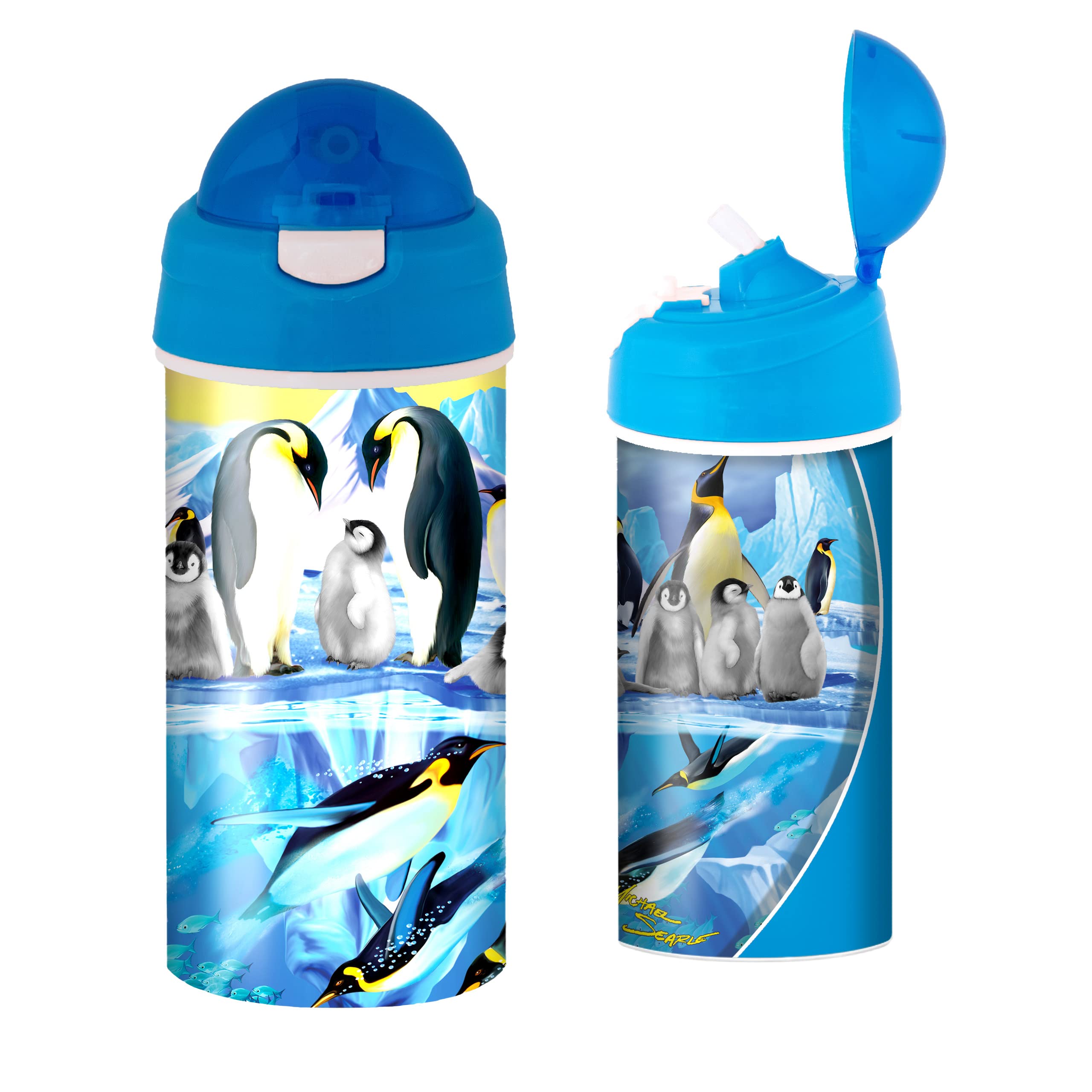 3D LiveLife Drinking Bottle - Penguin Plunge from Deluxebase. 3D Lenticular 600ml BPA Free Reusable Blue Water Bottle with Straw and Flip Top Lid. Leak Proof Animal Drinks Bottles with Penguin Design. — image 1