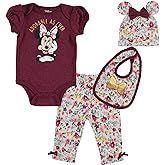 Disney Minnie Mouse Baby Girls Bodysuit Pants Bib and Hat 4 Piece Outfit Set Newborn to Infant