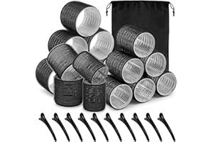 Self grip hair roller set 16 pcs,Heatless hair curlers,Hair rollers with hair roller clips and comb,Salon hairdressing curlers,DIY Hair Styles, Sungenol 2 Sizes Black Hair Rollers in 1 set