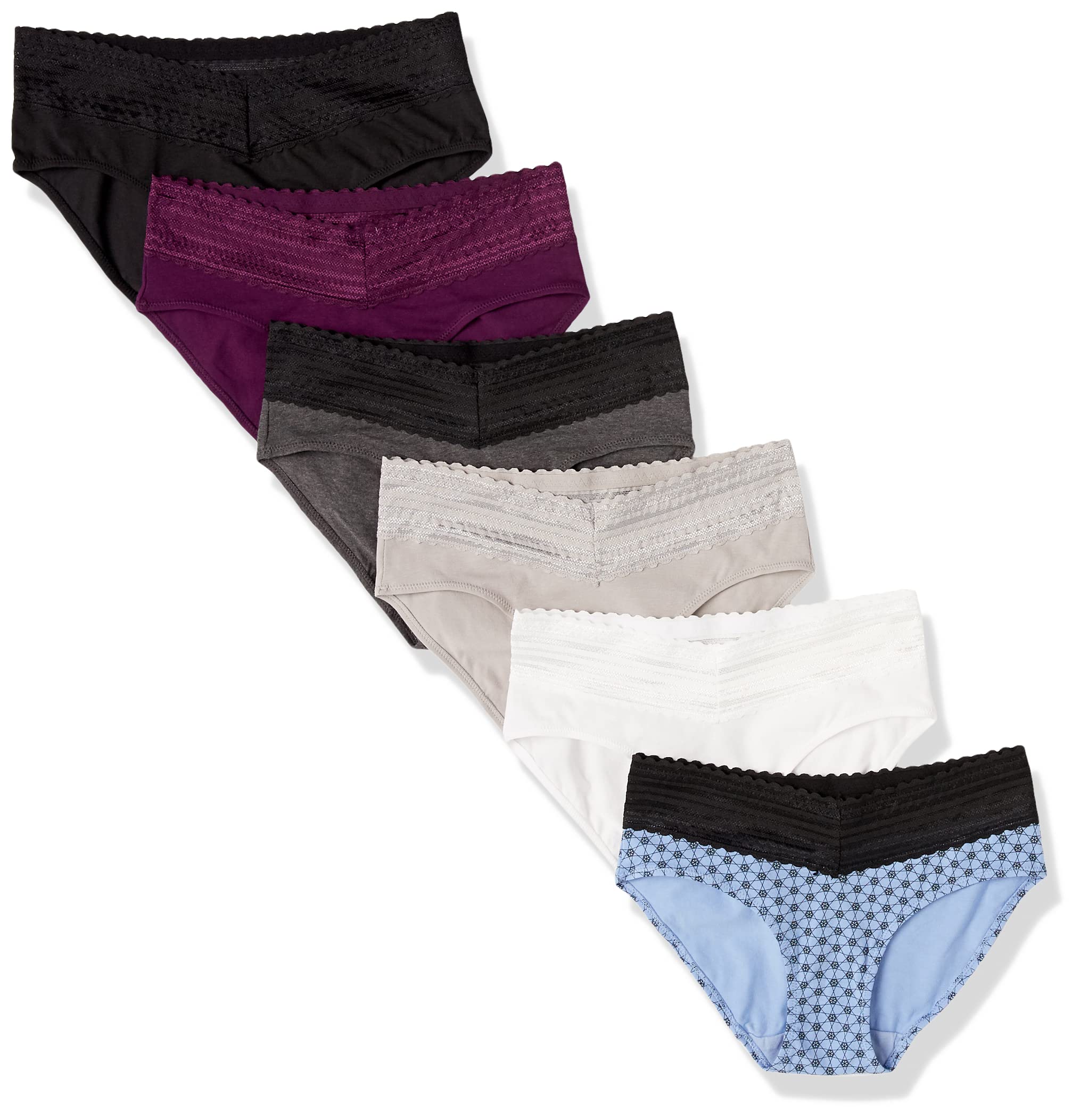 Photo 1 of Warner's womens Blissful Benefits Dig-free Comfort Waist With Lace Cotton 6-pack Ru2266w Hipster Panties, Dark Grey Heather/Black/Black Plumberry/White/Platinum/Winter Lavender Holiday Print, Medium US