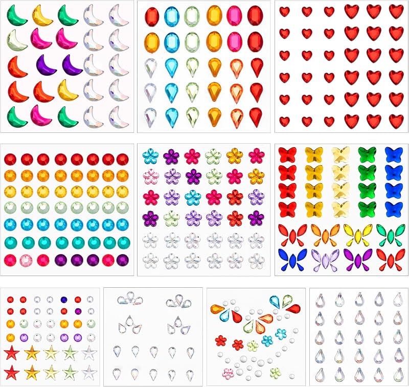 Leikedun 10 Sheets Face Gems Glitter Festival Self-Adhesive Rhinestones Eye