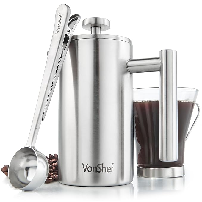 VonShef Cafetiere Stainless Steel 3 Cup/350ml Double Walled Satin Brushed Coffee Filter with